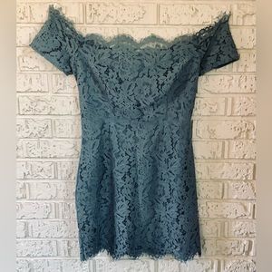 TOBI Teal Lace Mini Dress - Off Shoulder with Lace-up Back